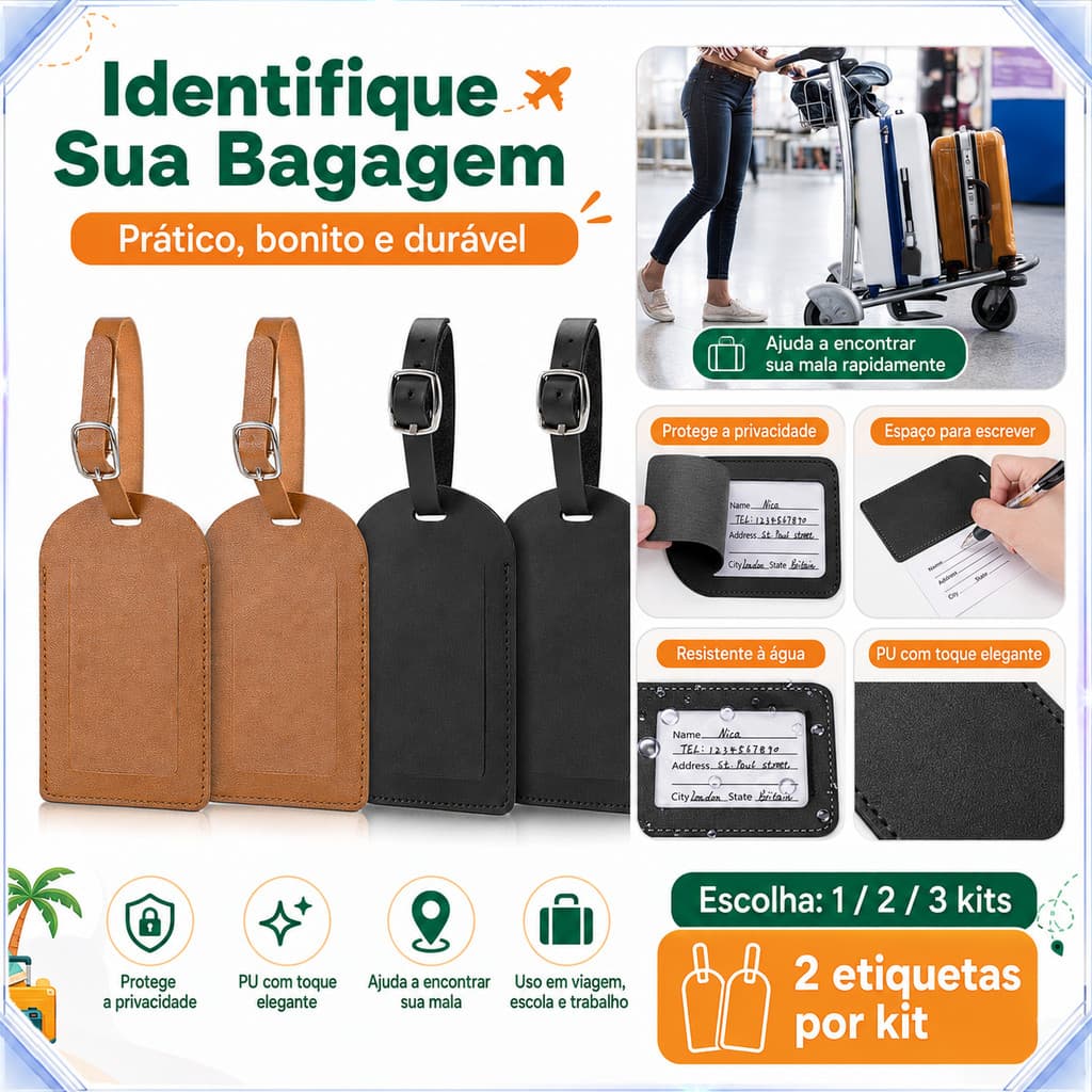 Tag Identificador Mala Couro Sintético PU, Tampa Oculta Dados Pessoais Viagem