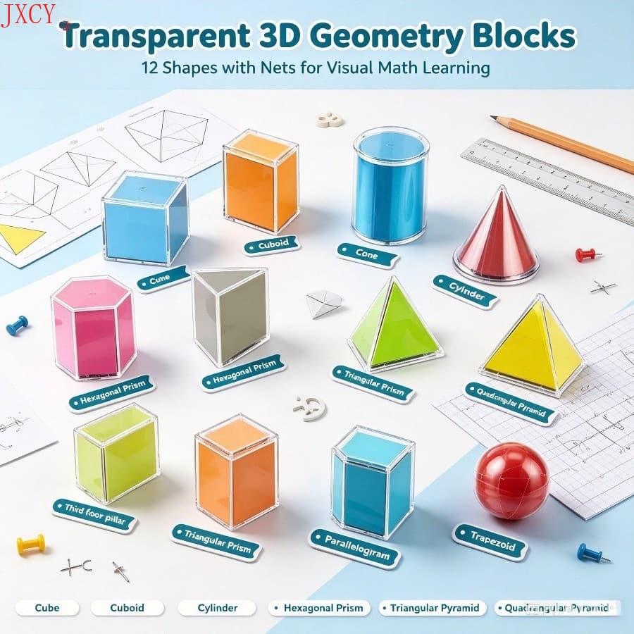 12 Unidades De Formas Geométricas 3D Transparentes Com Volume De Grade E Ferramentas De Operação De Aprendizagem De Área