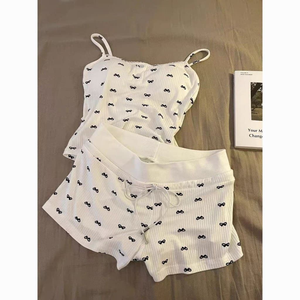 Pure Desire bm Pequeno Camisola Terno Feminino Arco Impresso Colete com Almofada no Peito Shorts Loungewear#现货纯欲bm小吊带套装女