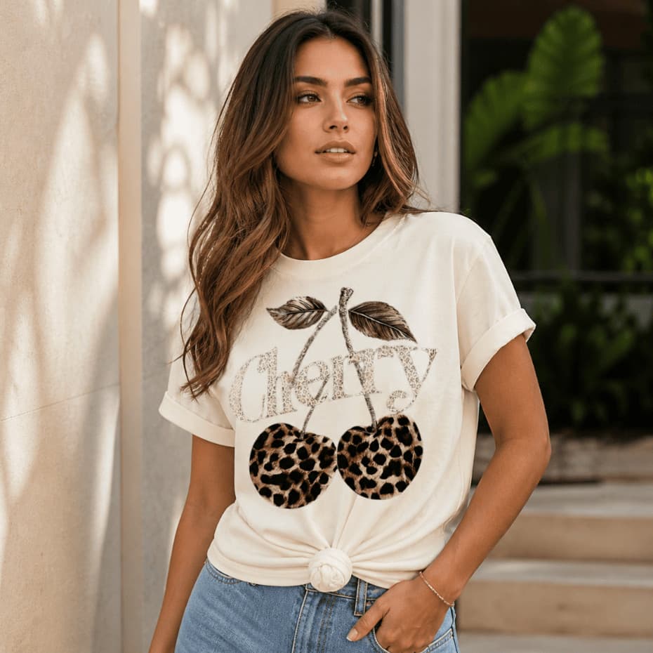 Camiseta Feminina Cherry Onça Estilosa - Algodão Premium