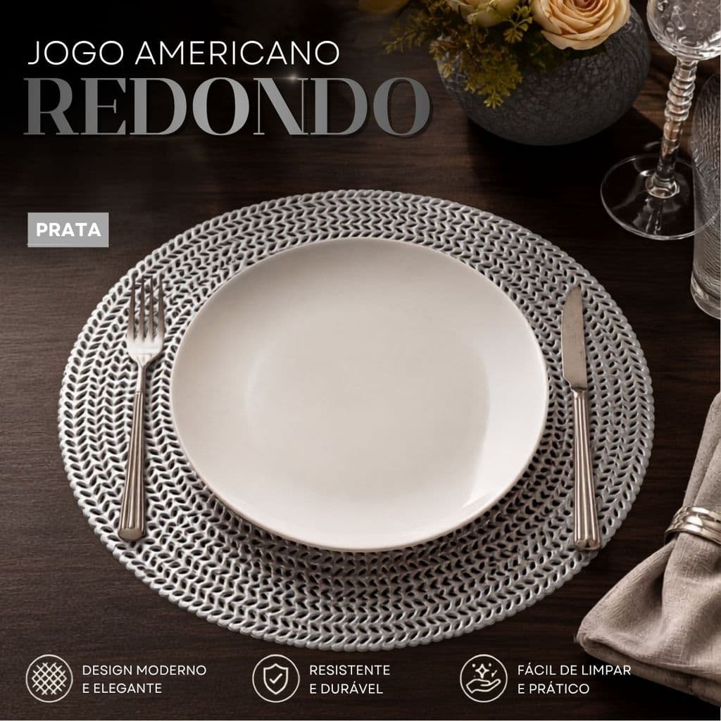 Jogo Americano Redondo Prata Decoração Mesa Posta Jantar