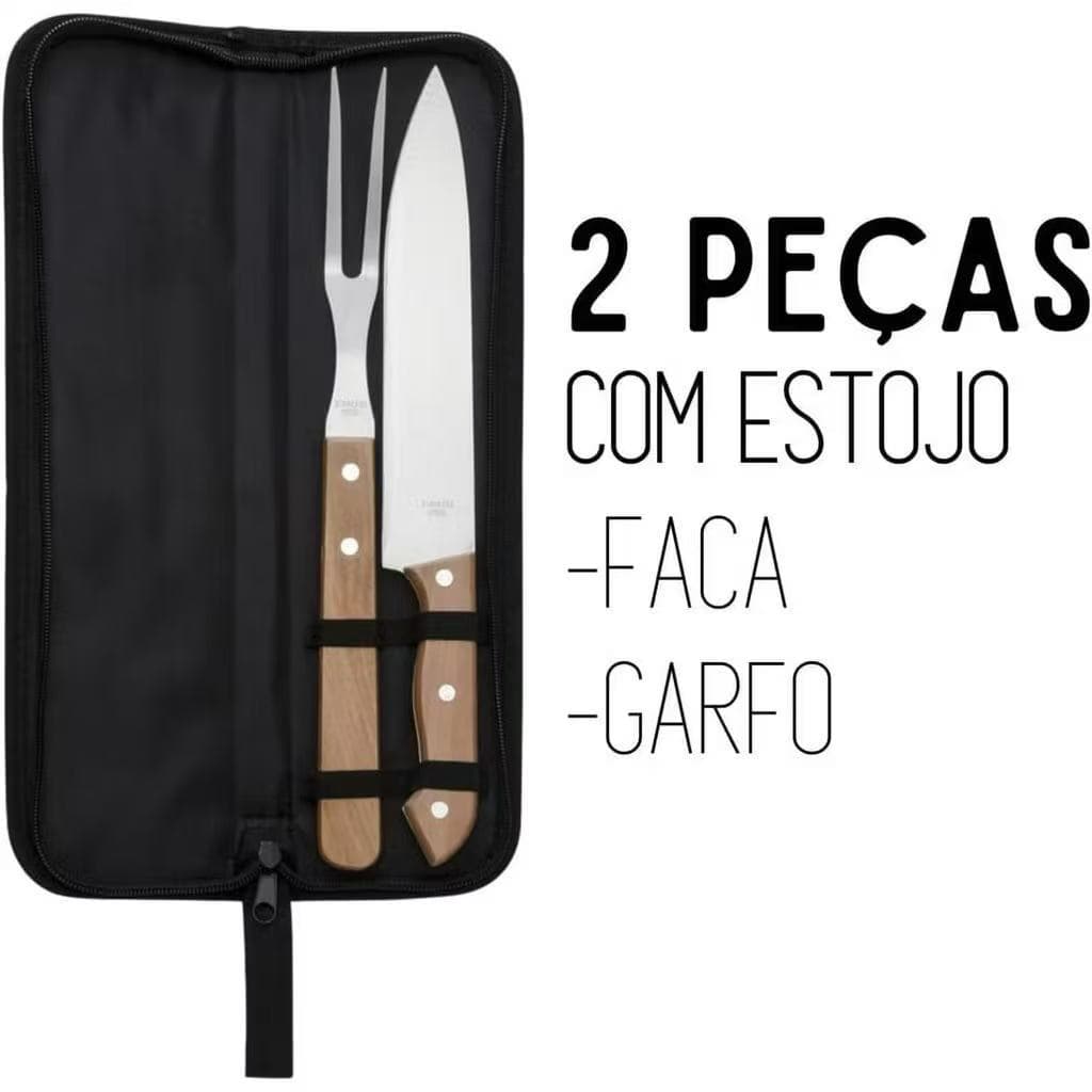 Kit Churrasco 2 Peças Garfo e Faca Cabo de Madeira Com Estojo