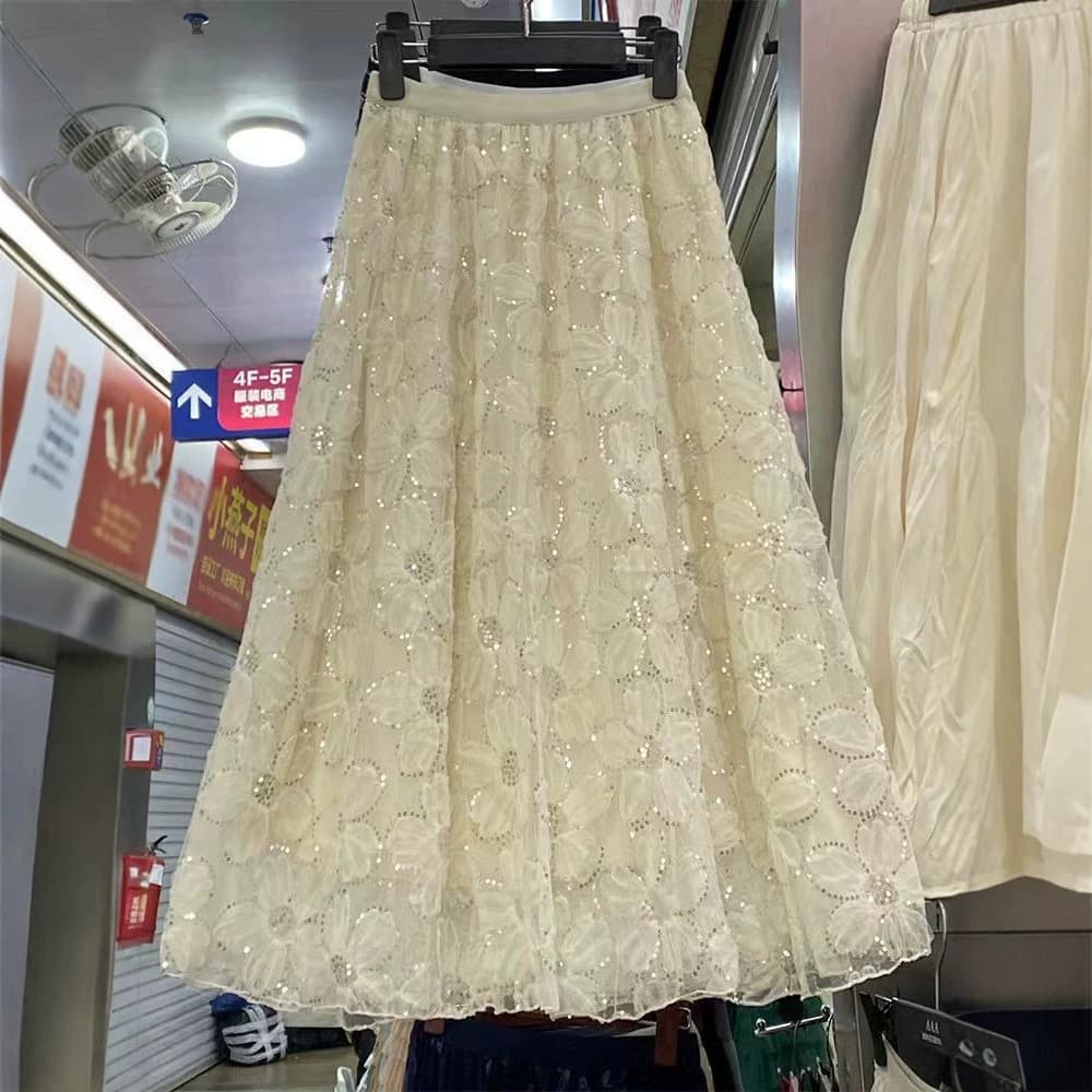 Saia de gaze brilhante feminina cintura alta saia de comprimento médio saia de fadas saia de gaze de lantejoulas bainha