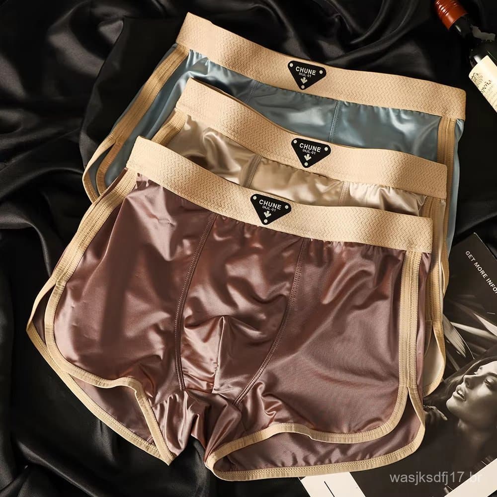 3 Unidades/Pacote Luxo Cetim-Como Gelo Seda Calcinha Masculina Higroscópico Respirável Dupla Camada De Virilha Boxer Alt