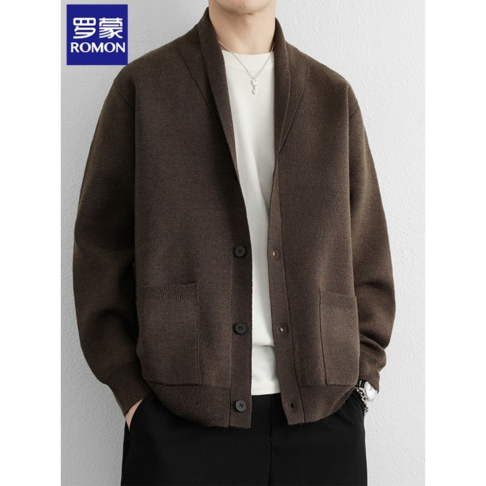 Lomon High-End malha Cardigan masculino 2025 primavera outono gola de frutas camisola jaqueta de meia-idade solta confor