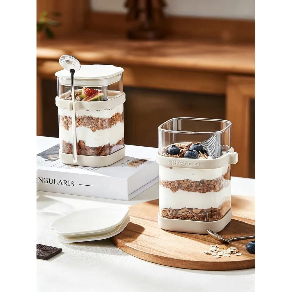 Copo de aveia com tampa e colher aveia frutas iogurte tigela Takeaway portátil vidro grau alimentício café da manhã copo