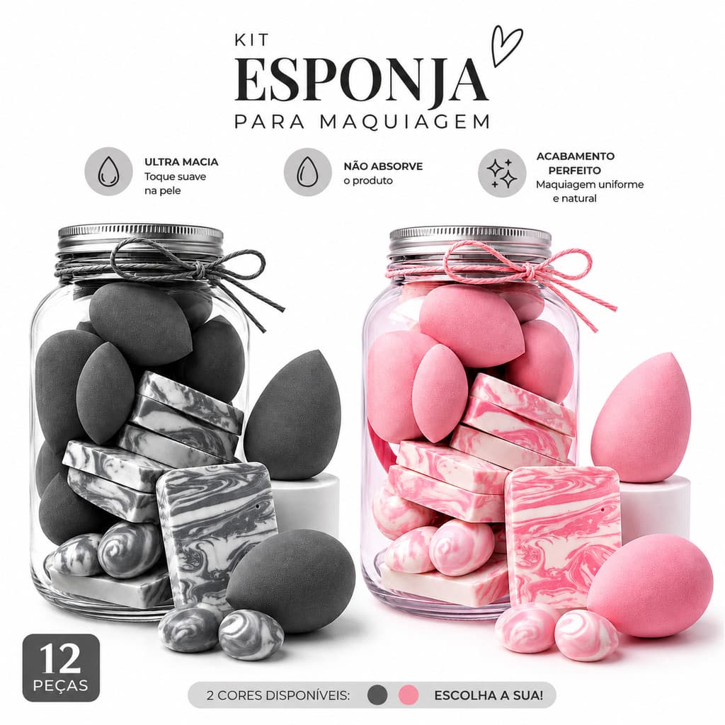 Kit Esponjas de Maquiagem 12 Peças no Pote Gotas e Chanfradas para Base e Corretivo  JJummy Ju