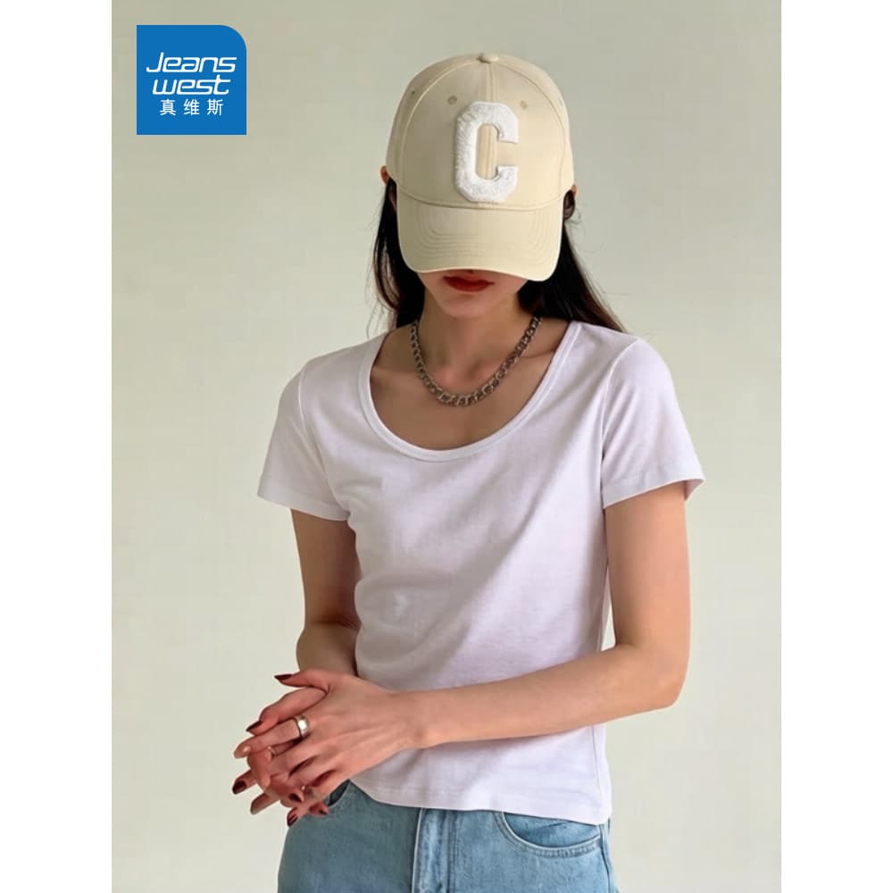 GL Zhenweisi branco de manga curta camiseta feminina 2026 novo estilo verão estilo curto u em torno do pescoço ombro gen