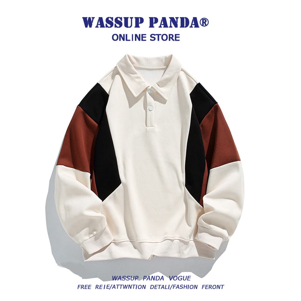 WASSUP PANDA Estilo Japonês Contraste Cor Lapela Moletom Pesado Homens Primavera Outono Street Wear Retro Casal Camisa P