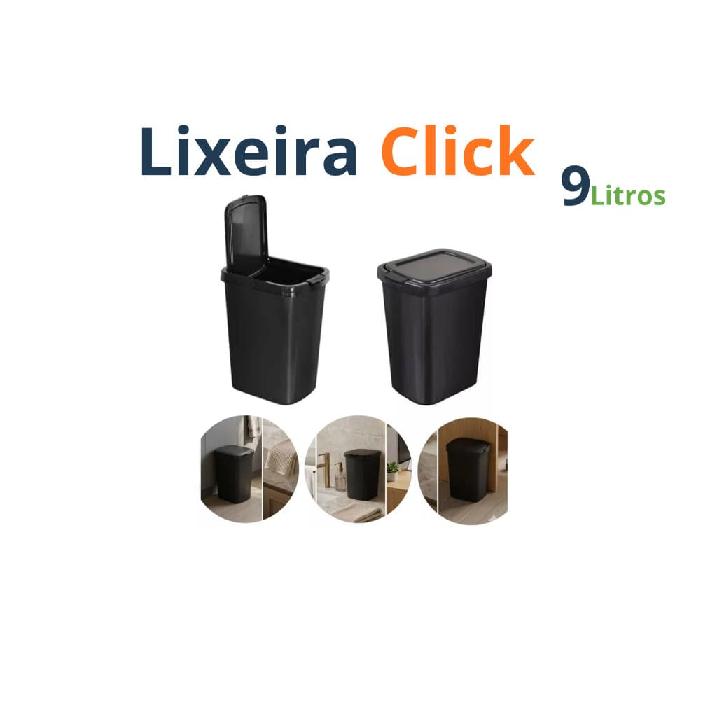 Lixeira 9 Litros com Tampa Click Preta para Cozinha Banheiro Escritório