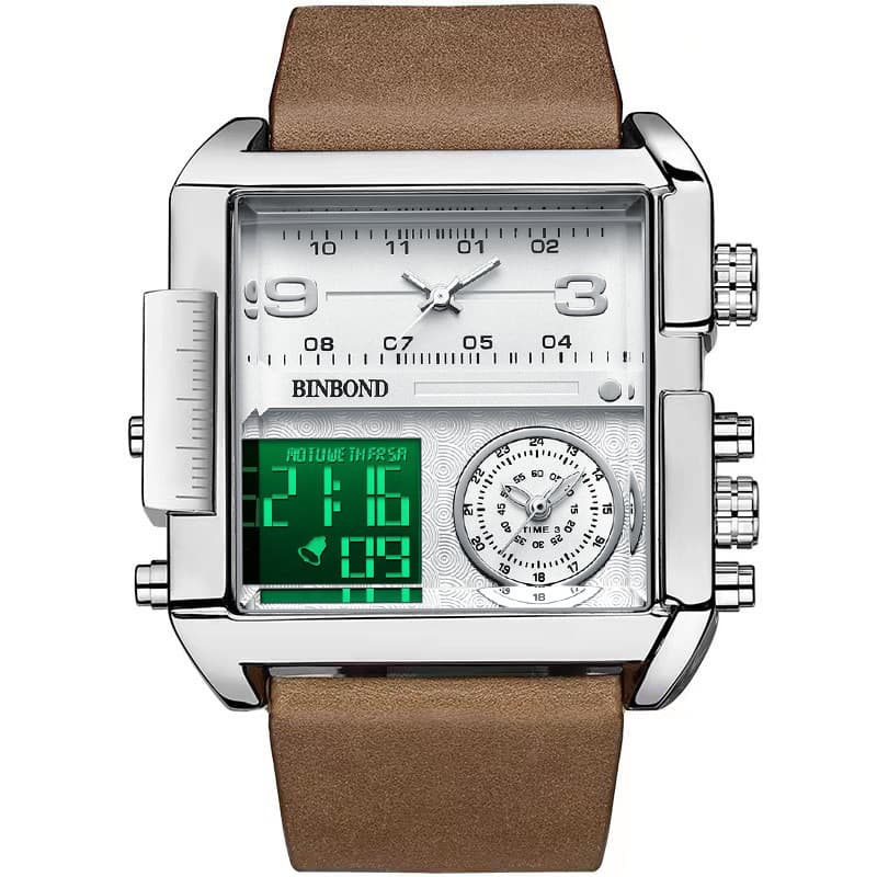 Relógio Masculino Quadrado De Quartzo Com Display Duplo BINBOND , De Pulso Luminoso Digital Analógico À Prova D'água