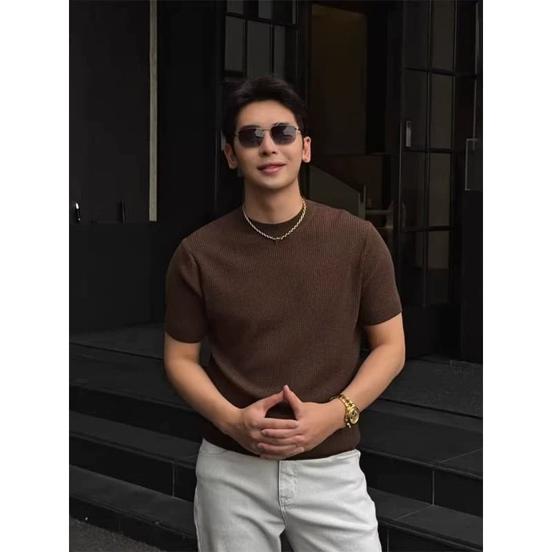 Estilo de dinheiro antigo textura de seda gelo malha de manga curta masculina verão Wear fino ajuste em torno do pescoço