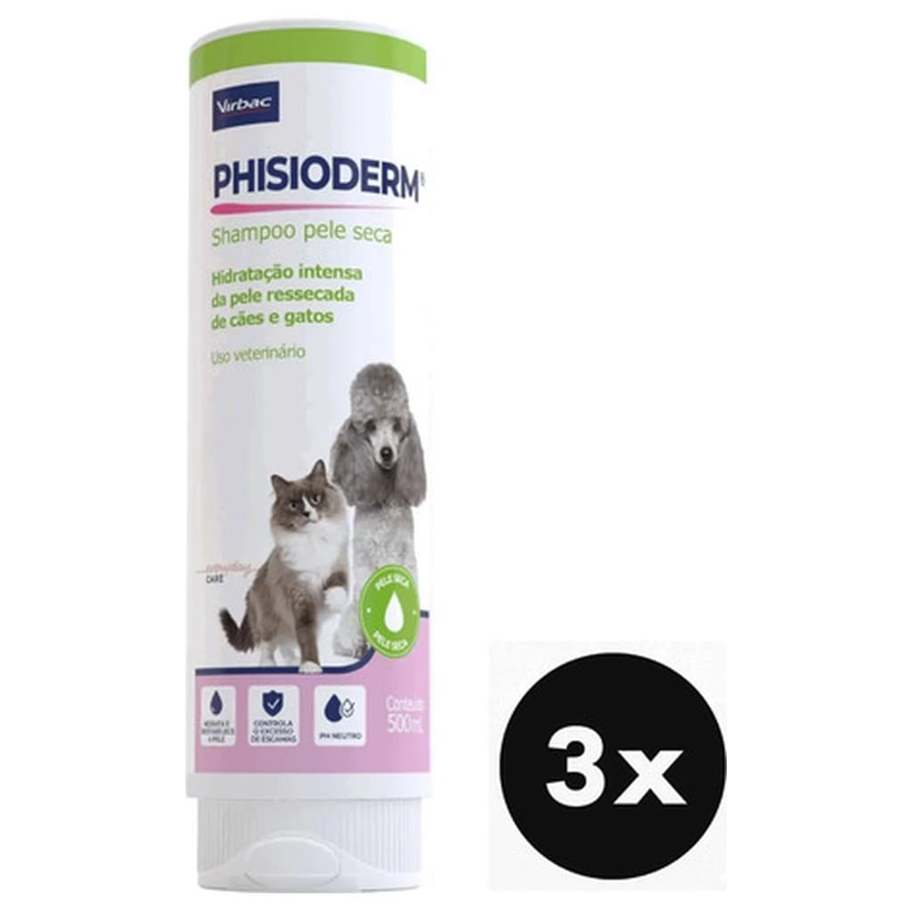 Kit 3 Phisioderm Shampoo Pele Seca Virbac 500ml Bouquet Cães Gatos Hidratação Pet