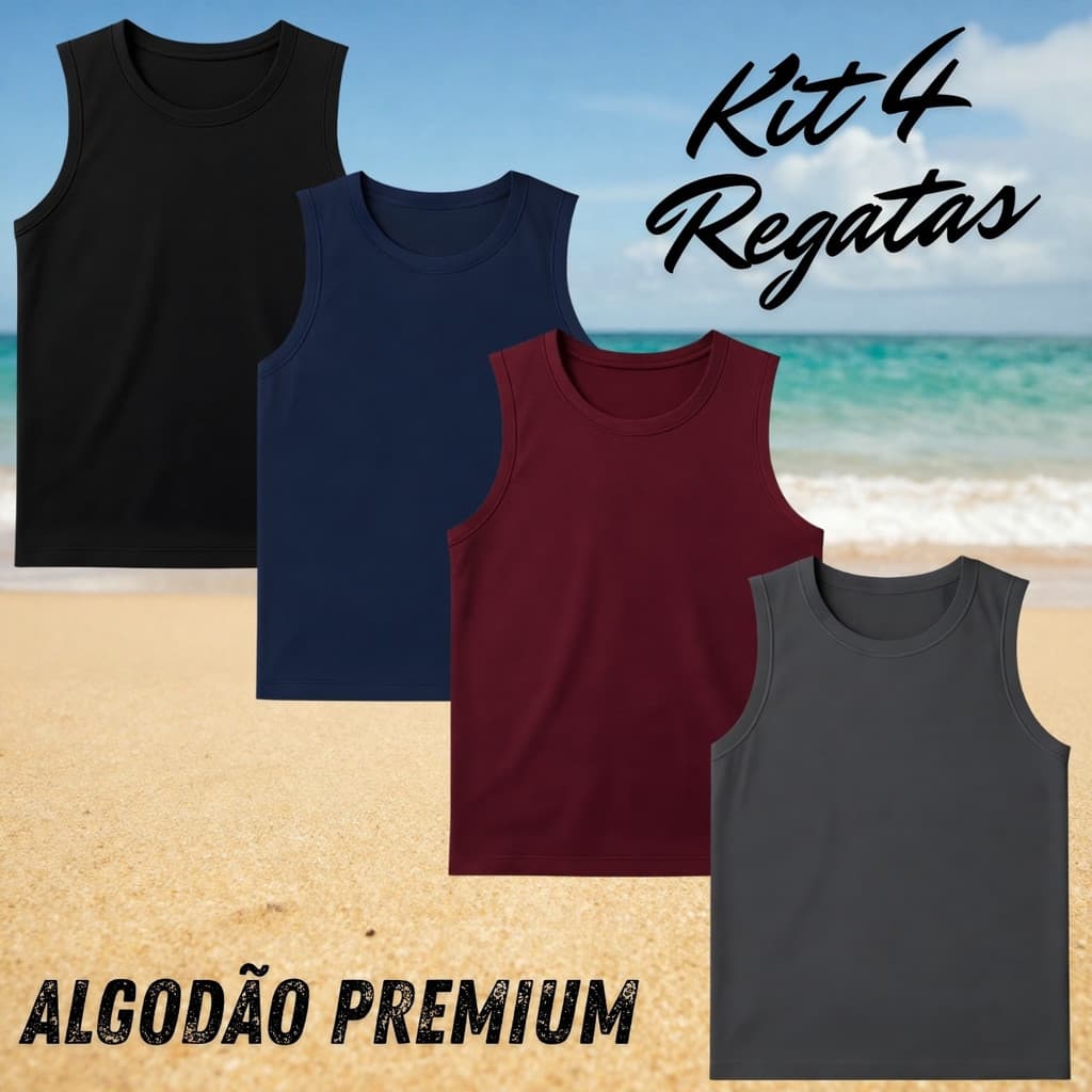 kit 4 Regatas Masculina Cavada Lisa Algodão Leve e Confortavel - DIRETO DA FABRICA