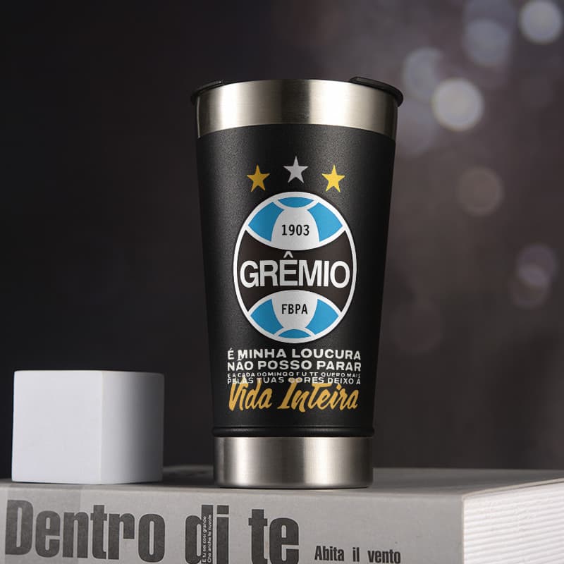 Copo térmico tumbler grêmio futebol 473ml aço inoxidável com abridor de garrafas embutido e tampa parede dupla vácuo