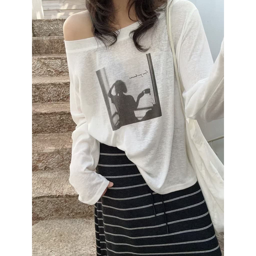 American Portrait Camiseta de manga comprida com gola Diagonal de uma linha fora do ombro com aparência mais fina Top Lo