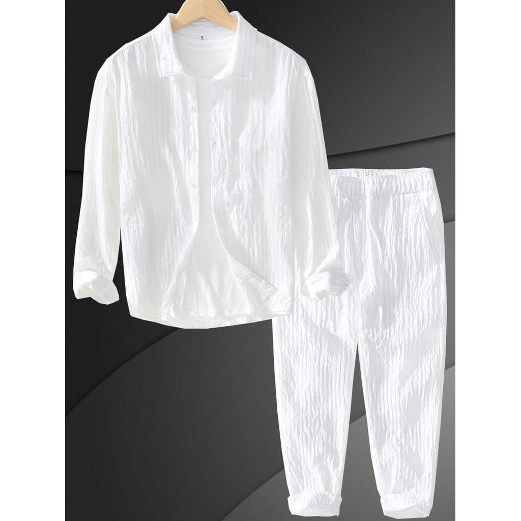 Terno Casual masculino de manga comprida camisa branca primavera verão camisa branca fresca jaqueta solta calças masculi