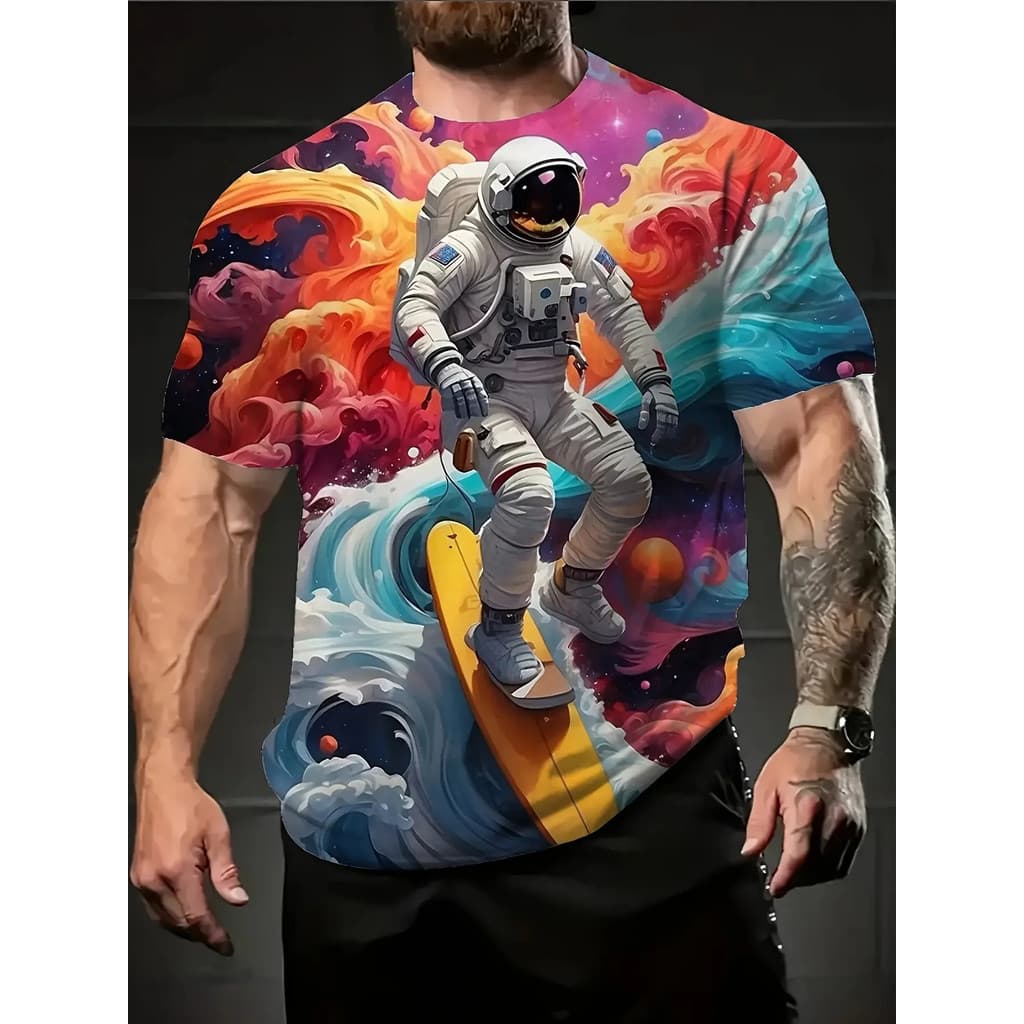 Masculino Astronauta Surf Amarelo Prancha De Colorido Redemoinho Galáxia Onda Surreal Impressão Manga Curta Tripulação P