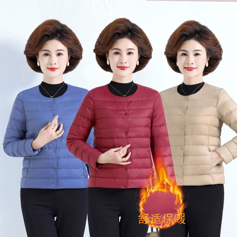 Inverno de meia-idade idosos mulheres jaqueta interior Wear moda mãe pato branco para baixo curto manga comprida topo Gr