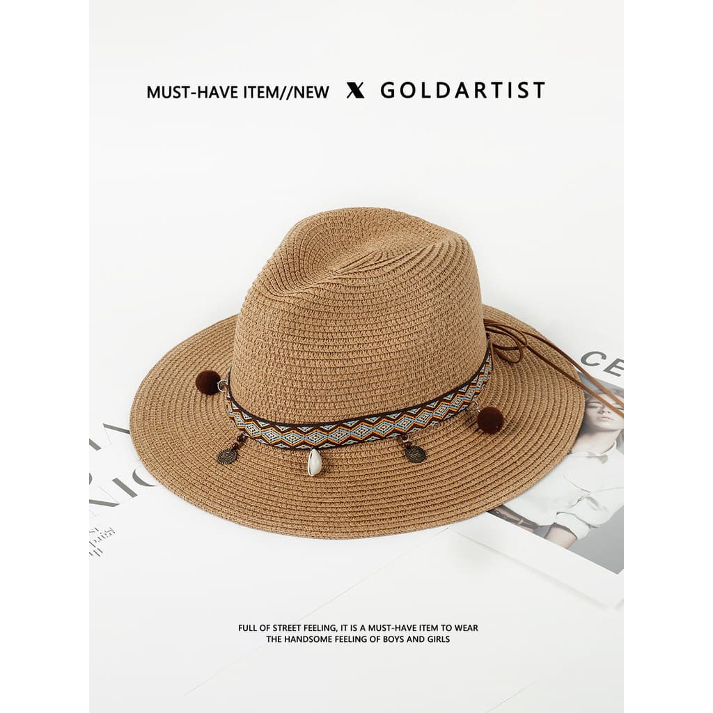 Chapéu de palha panamá GOLDARTIST feminino verão estilo étnico beira-mar férias praia chapéu de palha masculino chapéu d