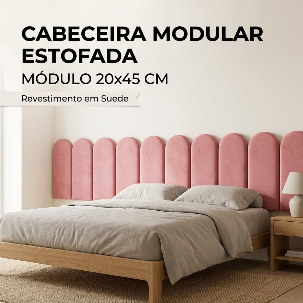 Kit até 15 Cabeceira Modular Estofada 20x45 Adesiva Suede MDF para Cama Solteiro Casal Queen King Decoração de Parede