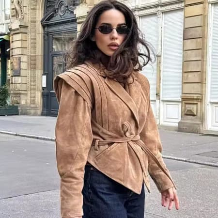 [Novo produto] Jaqueta feminina de lã com cordão para ombro, jaqueta feminina de lã de pele de veado [venda quente]