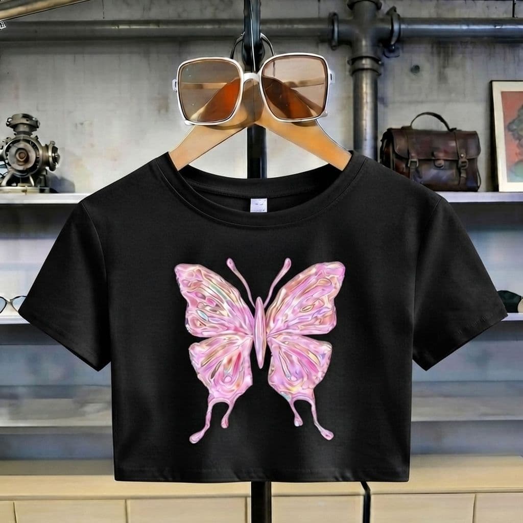 Cropped Feminino Estampado Borboleta Rosa Algodão Blusinha Fashion Estilosa Moderna Elegante