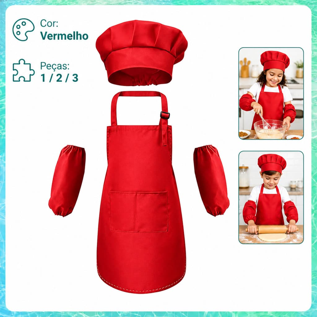 1/2/3 Kits Uniforme de Chef Infantil Vermelho 62x46cm com Avental, Chapéu e Manguitos para Cozinha e Artes