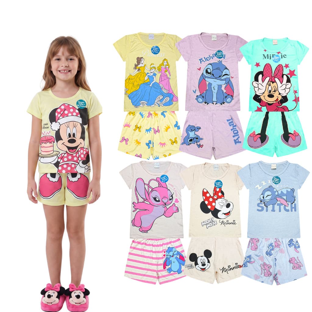 Kit 6 Peças Pijamas Brilha no Escuro Personagens Menina Infantil Minnie, Stitch, Hello Kit Malha Levinha Sortidos