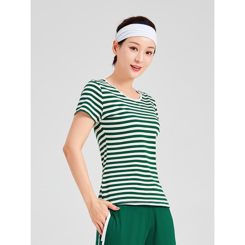 Haozhou feminino verão listrado esportes de manga curta aeróbica exercício de Fitness dança quadrada camiseta respirável
