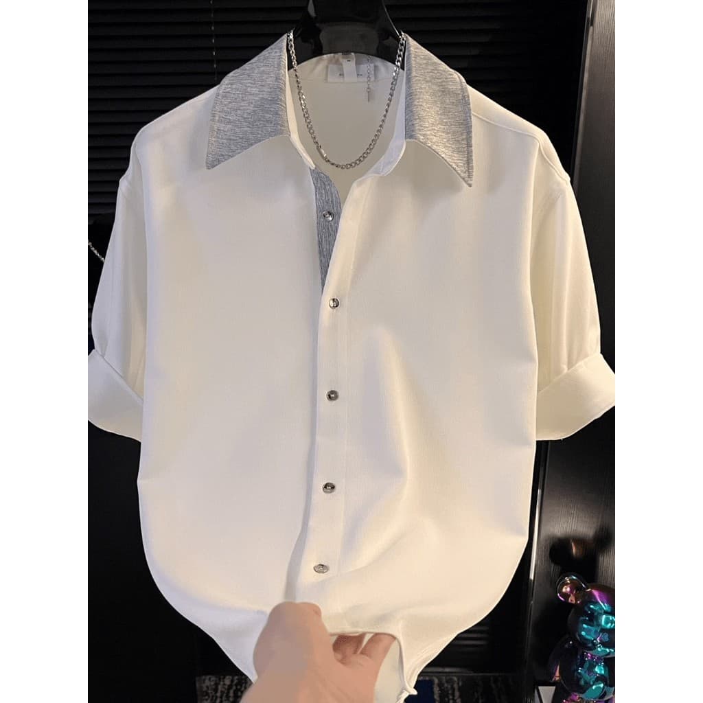 Verão Street wear Xiaoxiang estilo costura lapela camisa de manga curta masculina estilo coreano usar solto Drape sentim