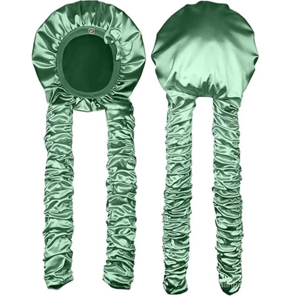 Touca de dormir de imitação de cetim aprimorada com fitas ajustáveis, touca redonda, tubo longo plissado, touca de ondul