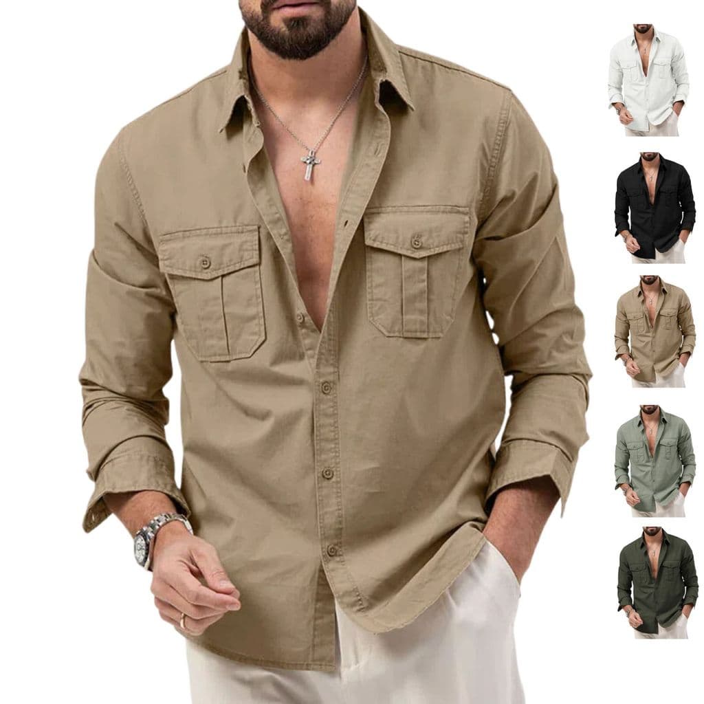 Nova camisa masculina europeia americana primavera outono Multi-bolso Casual manga comprida topo