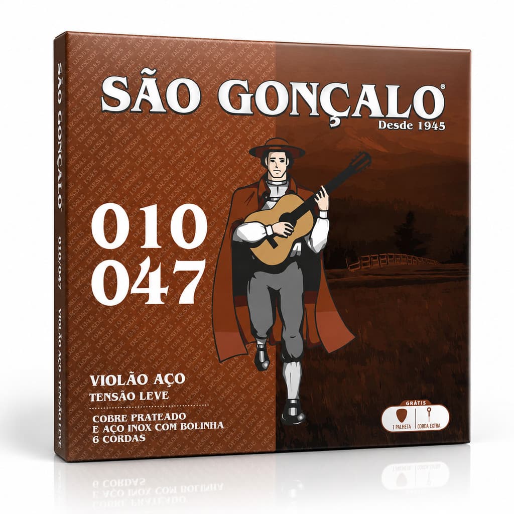 Encordoamento Violão Aço São Gonçalo 010 047 Tensão Leve Cobre Prateado com Bolinha