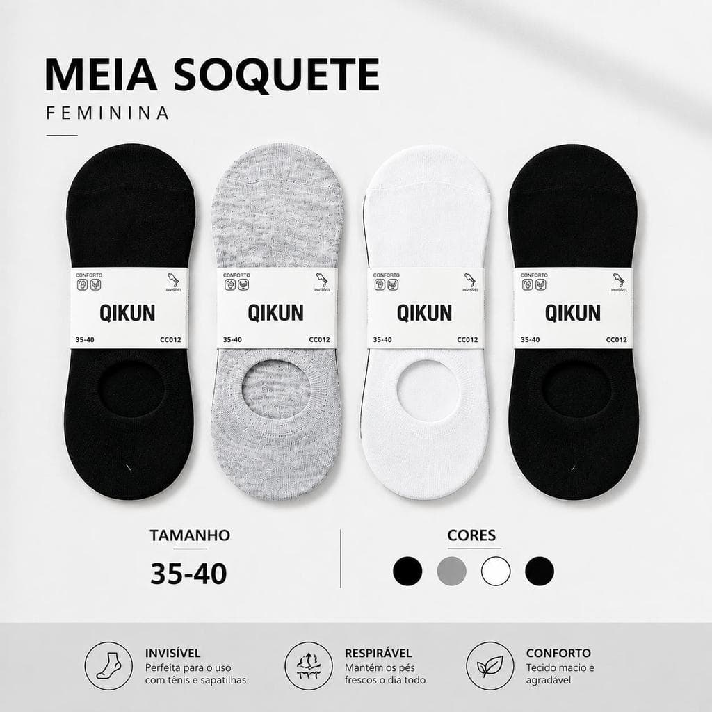 Meia Sapatilha Invisível QIKUN Kit 6 ou 12 Pares Feminina e Masculina
