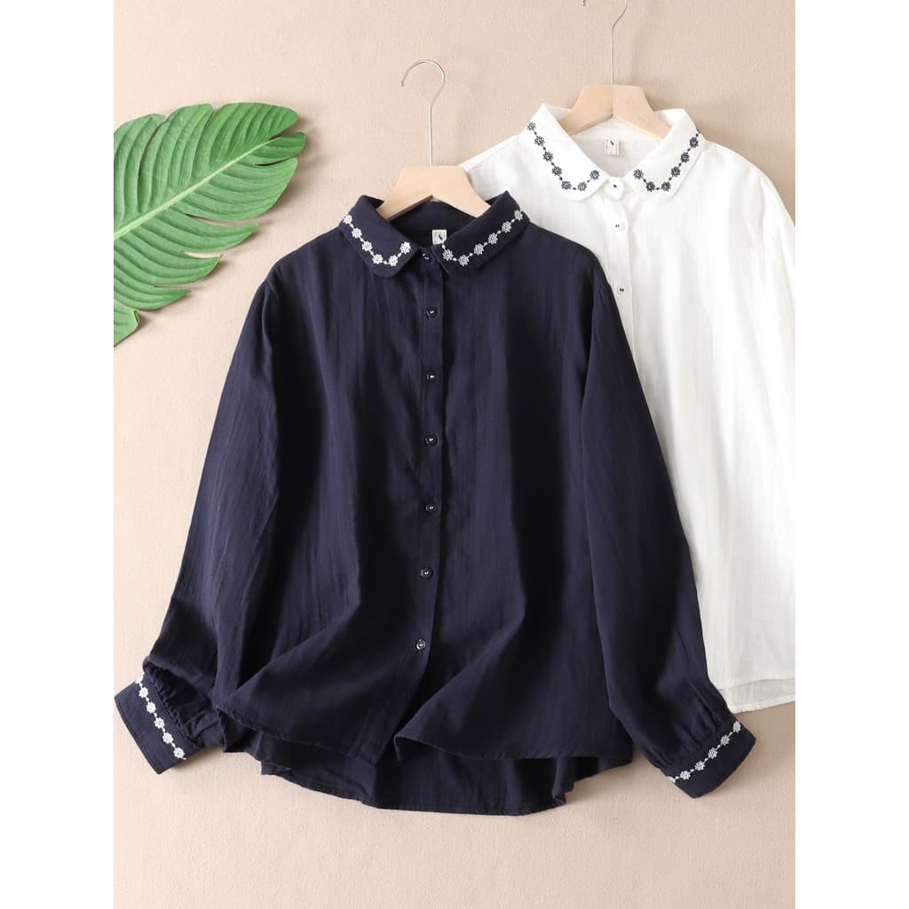 Literário bordado lapela fio de algodão camisa de manga comprida feminina primavera outono exterior Cardigan em camadas