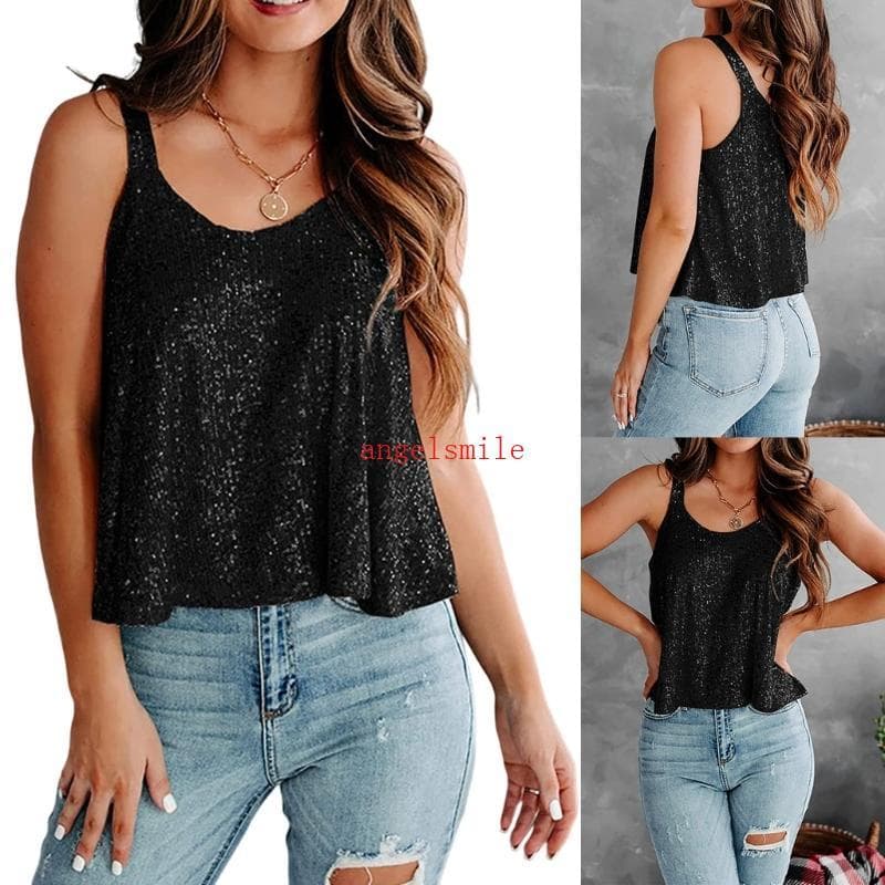 Ace Sparkly Lantejoulas Sem Mangas Regata Solta Glitter Camisola Camisas De Festa Para Mulheres
