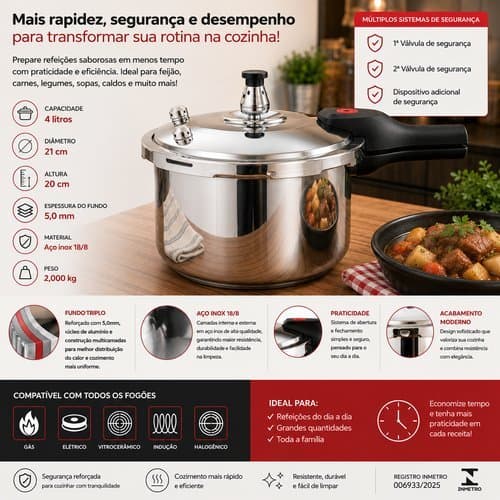 Panela Pressao Inox 4l Antiaderente Seguranca Certificada Promo Cao Cozinha