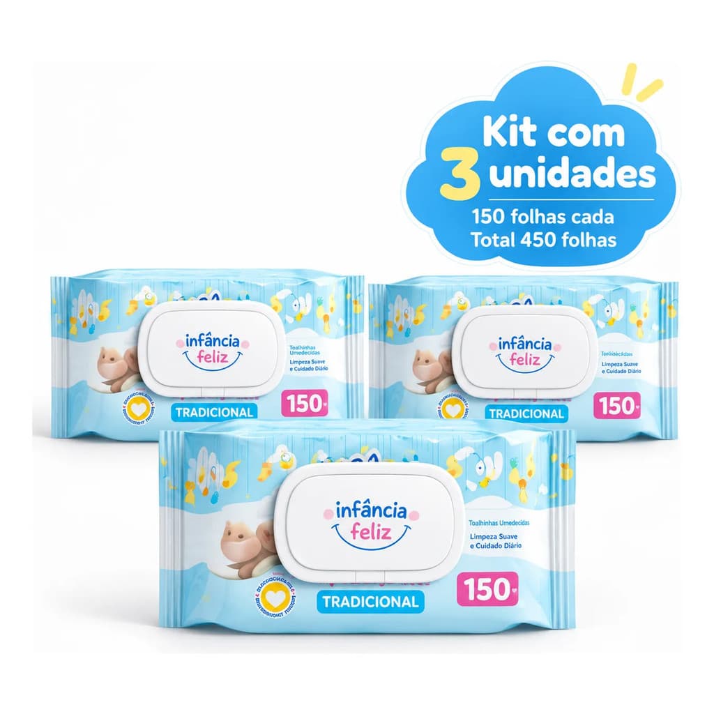 Kit 3 Lenços Umedecidos Infância Feliz 150 Folhas Com Tampa