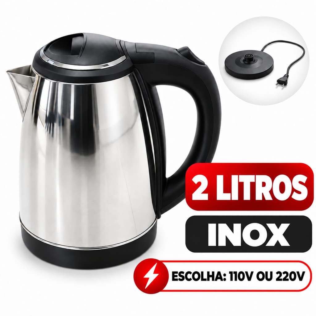 Chaleira Elétrica Inox Portátil 2 Litros Jarra Térmica Esquenta Chá Ferve Água Rápido 110v ou 220v