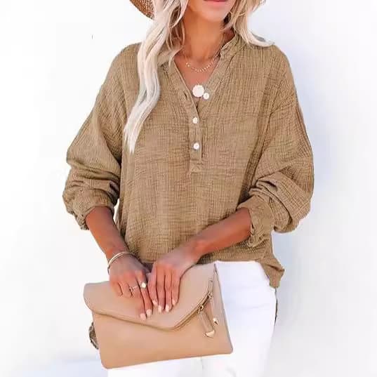 Blusa Feminina de Manga Longa com Botões e Pregas, Cor Sólida, Corte Solto, Algodão Puro, Camisa Pulôver, Moda Primavera