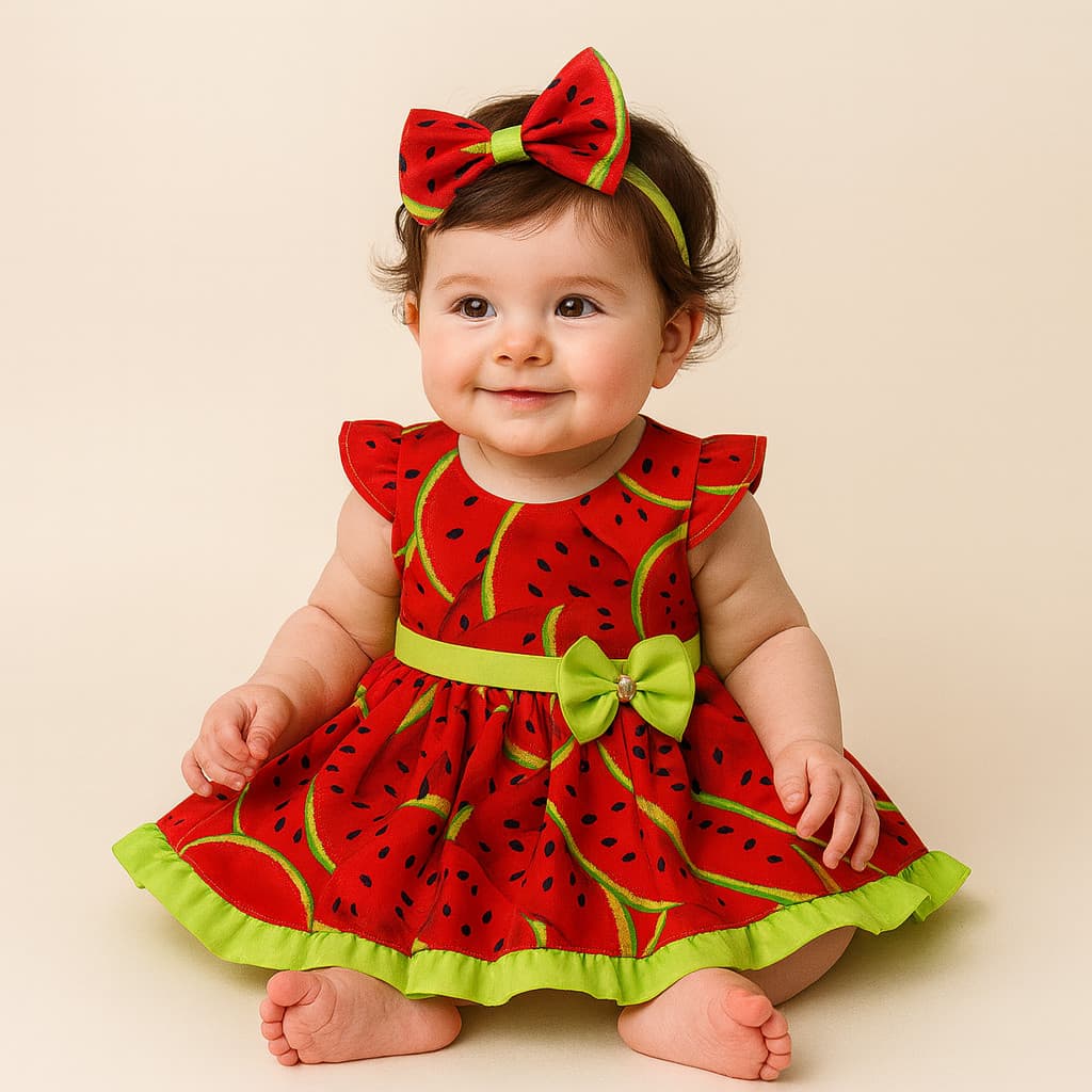 Vestido Estampado Melancia Magali Com Tiara Menina Infantil P a 3 Anos Festa Infantil com Tiara