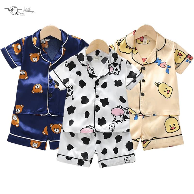 Conjunto de Pijamas de Seda de Verão para Meninos e Meninas, Pijamas de Cetim Infantil com Mangas Curtas + Shorts BJUS