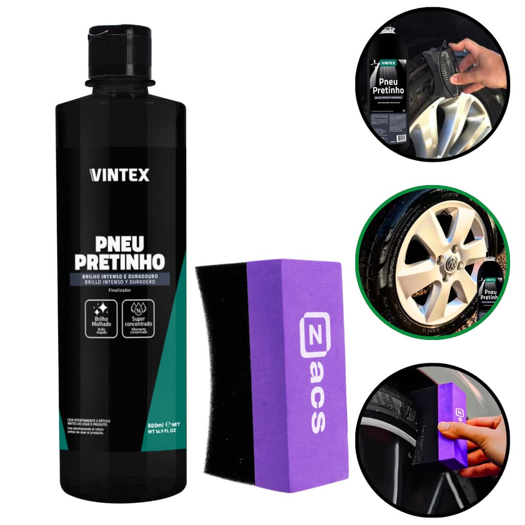 Pneu Pretinho Vintex 500ml com Aplicador – Brilho, Proteção e Renovação dos Pneus