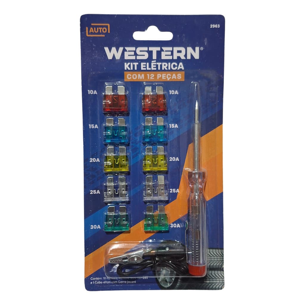 Kit 12 Peças Fusíveis Automotivos com Chave Teste 6-24V e Cabo 47cm Garra Jacaré c/ 10 fusível