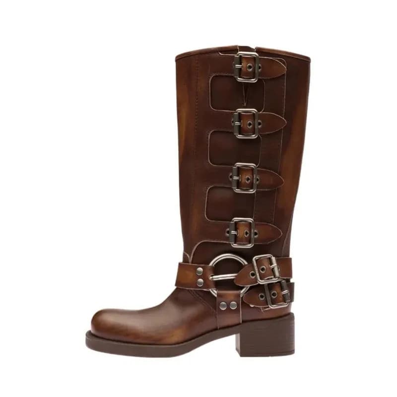 Botas femininas ArdenFurtado em couro legítimo marrom, plataforma, com rebites, estilo motociclista, bico redondo, fivel