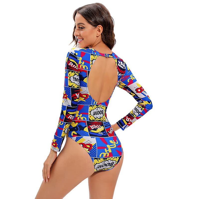 Maiô de mergulho feminino de manga comprida, estampado, estilo esportivo, peça única, de secagem rápida e ajuste justo.