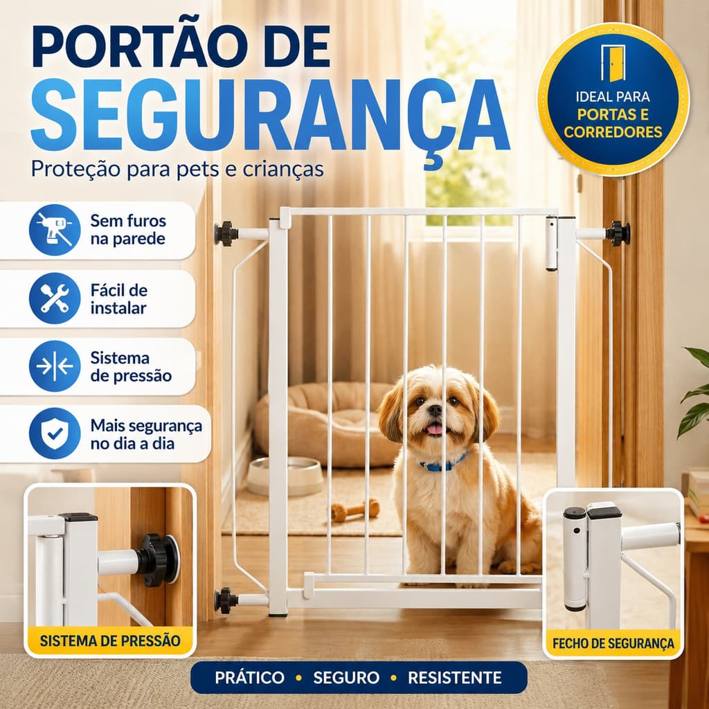 Grade Porta Segurança Bebê Pet Sem Furos 67-86cm Altura 77cm Trava Pressão