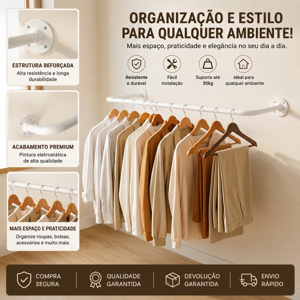 Kit 2/3/4 Cabideiro de Parede Arara Para Roupas em Aço Resistente