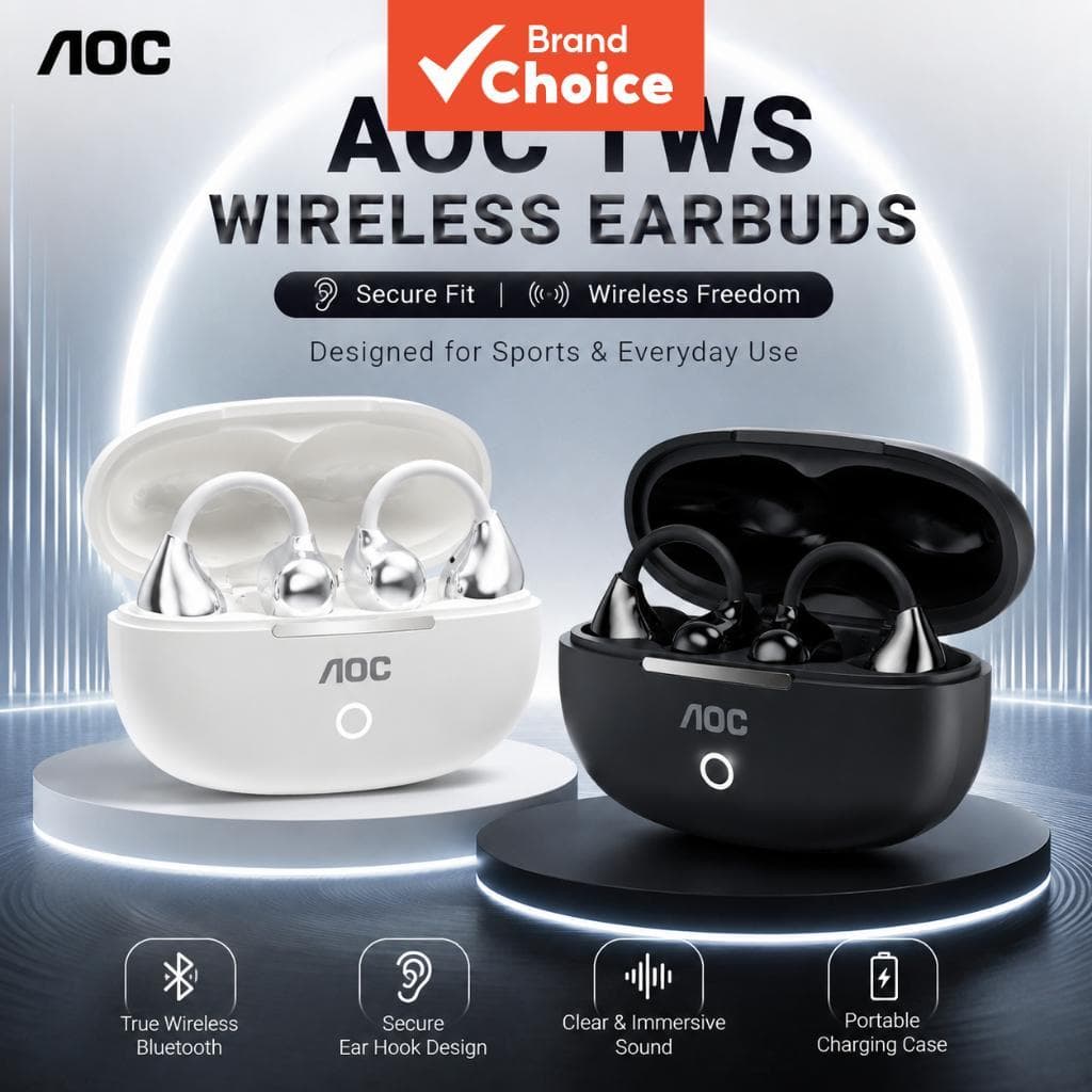 AOC Fones De Ouvido Sem Fio Bluetooth 5.3 Gancho ENC Redução Ruído Alta Fidelidade Som Estéreo Esportes Caso Carregament